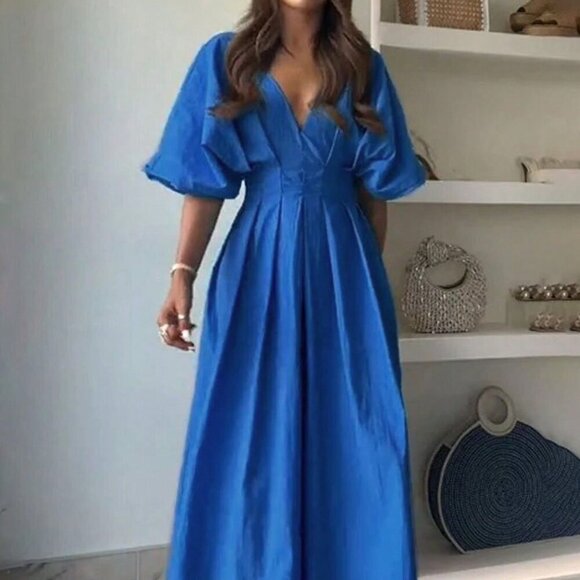Blue Casual Women's V-Neck Back Hollow Bat-Sleeve Waist-Cinching A-Hem Dress - Picture 1 of 5